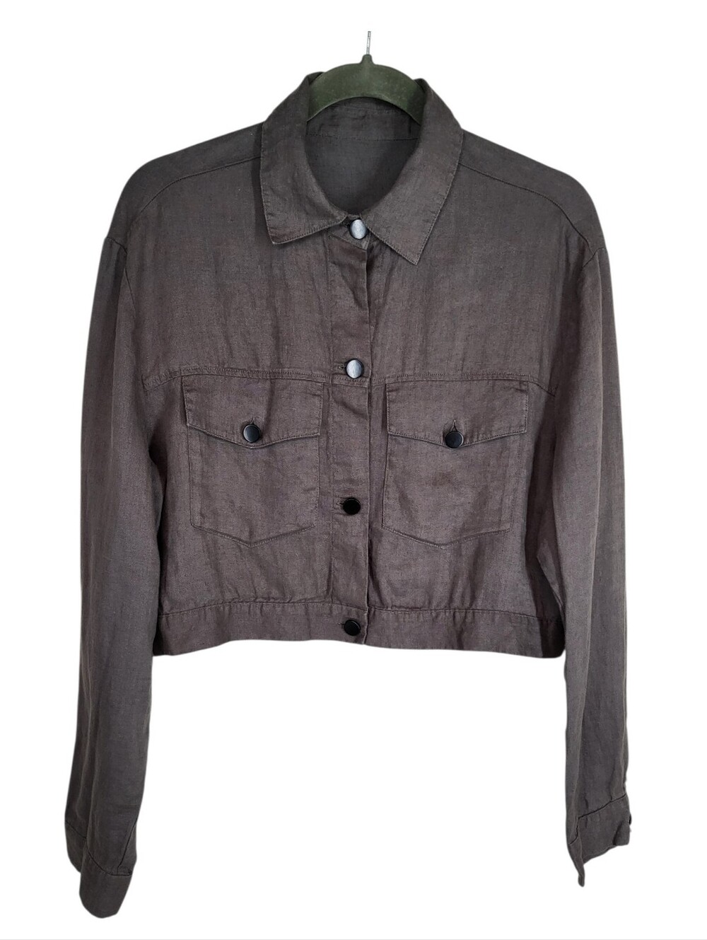 Women's 100% Linen Cropped Utility Jacket Charcoal Grey Button Up Coastal Size M